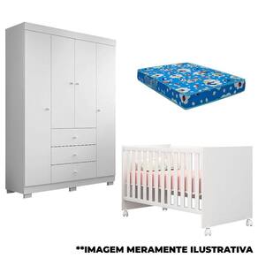 Berço Americano Mini Cama Doce Sonho 100 e Guarda Roupa Infantil Duda 4 Portas Branco Brilho com Colchão – Phoenix Baby