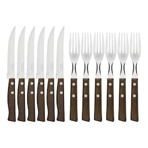 Jogo De Talheres Para Churrasco Tramontina Em Aço Inox Com Cabo De Madeira Natural 12 Peças