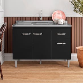 Balcão Para Lavanderia 120cm Gabriela 3 Portas 1 Gaveta Com Tampo Preto - Ajl