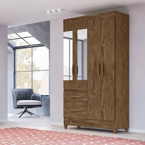 Guarda Roupa Solteiro 4 Portas Com Espelho 2 Gavetas Castanho Wood Madri - Moval