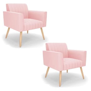 Kit 2 Poltronas Viena Gomada Suede Rosa Bebê Pés Palito Natural - D`rossi