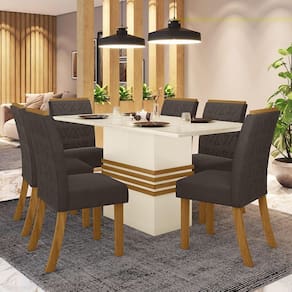 Conjunto Sala De Jantar Mesa 160 Cm Com Vidro 6 Cadeiras Nature Com Off White E Marrom Expresso