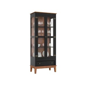 Cristaleira De Madeira Maciça 2 Portas + 1 Gaveta Preto - Fundo Amêndoa