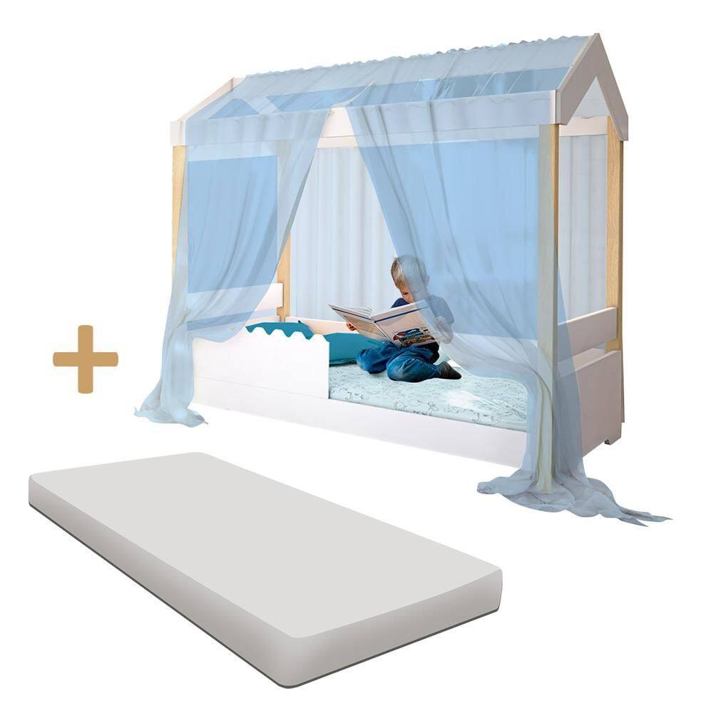 Cama Montessoriana Solteiro Branco Com Colchão E Voal Azul Jhulia Divaloto - Azul