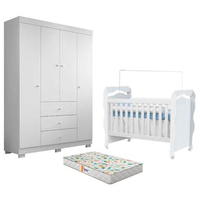 Berço Americano New Nanda e Guarda Roupa Duda 4 Portas Branco Brilho com Colchão Gazin – Phoenix Baby