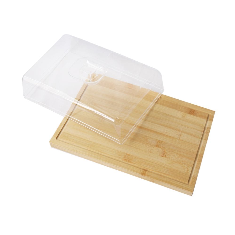 Bandeja De Bambu Retangular Com Tampa De Acrílico 32Cm