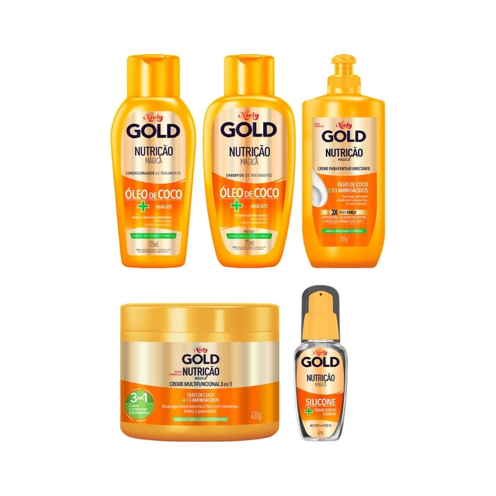 Kit Niely Gold Nutri Podero shampoo+Cond+Pentear+Masc+Silic