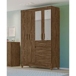 Guarda Roupa Solteiro 4 Portas Com Espelho 4 Gavetas Sobral - Castanho Wood Castanho Wood