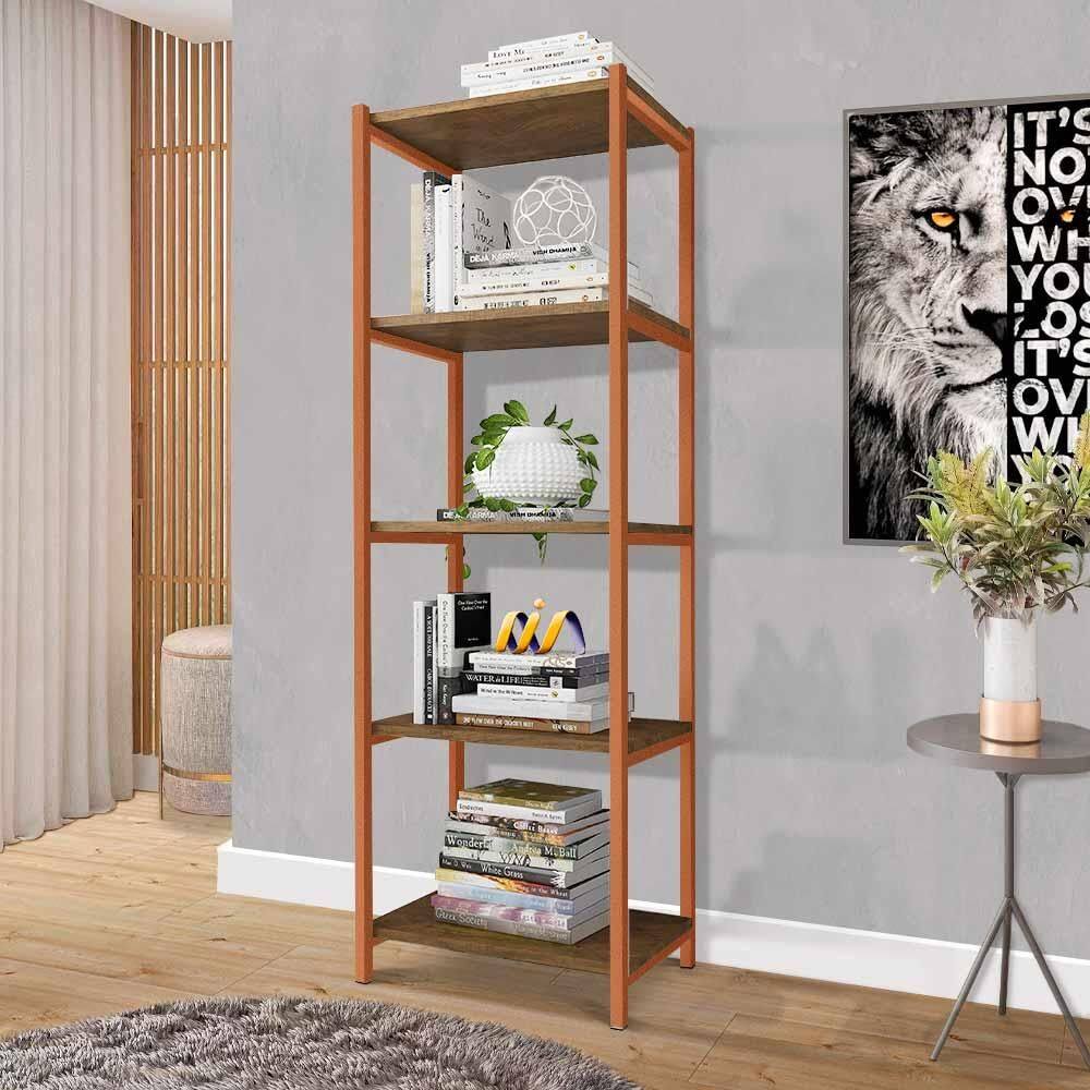 Aparador De Sala Em Aço 5 Prateleiras 50 cm Imbuia Bronze Zed Steel Mobile - Marrom