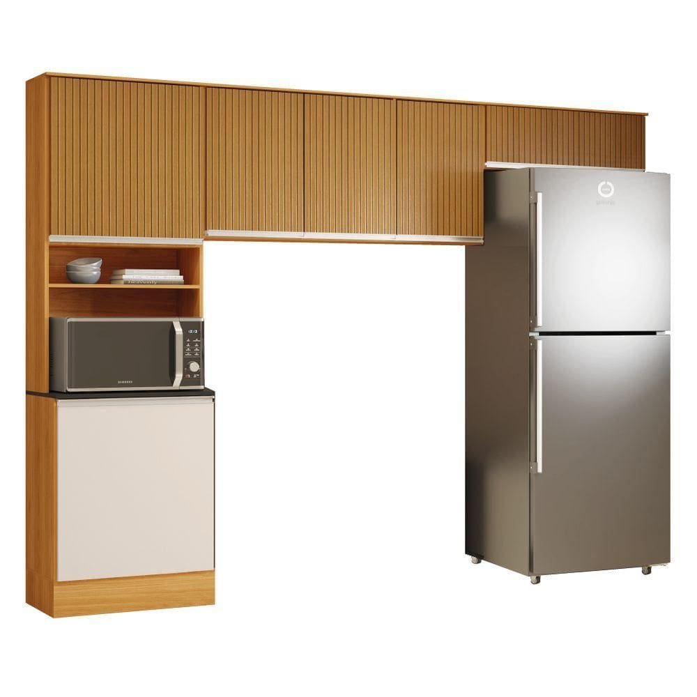 Armário De Cozinha Completa 6 Portas 2 Nichos Paris Madeirado Ripado 3d Off White Poliman Madeir/off