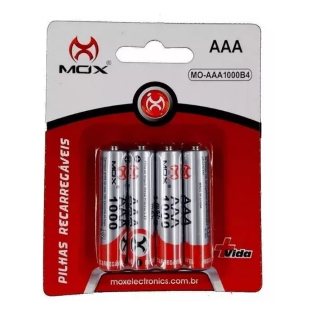 Pilha Recarregável AAA 1000 mAh kit 4 unidades Mox Bateria