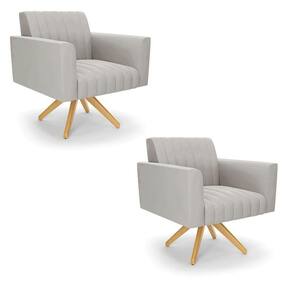 Kit 2 Poltronas Giratória Viena Gomada Veludo Cinza Base De Madeira Ma30 - D`rossi
