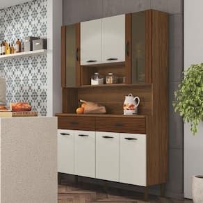 Armário De Cozinha Compacta 8 Portas 2 Gavetas Golden - Nogueira-off White-cp-ripado Nogueira-off White-cp-ripado
