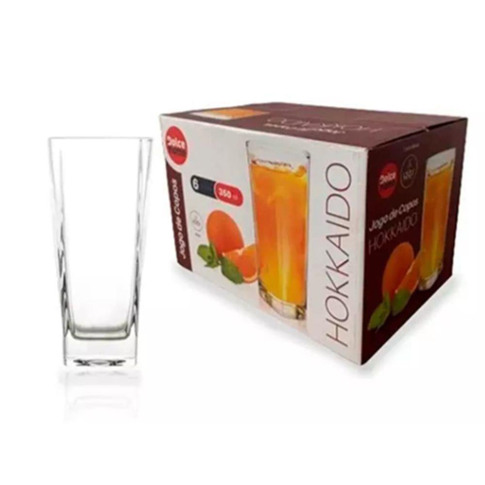 Jogo de 6 Copos Altos de Vidro 350ml Quadrado Hokkaido PJ 129-12