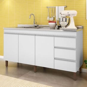 Balcão De Cozinha Karen 160cm Sem Tampo 3 Portas E 3 Gavetas Branco - Peternella Móveis