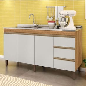 Balcão De Cozinha Karen 160cm Sem Tampo 3 Portas E 3 Gavetas Nature E Off White - Peternella Móveis
