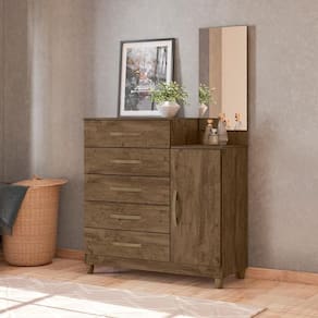 Cômoda Sapateira 5 Gavetas Com Espelho Lisboa - Castanho Wood Castanho Wood