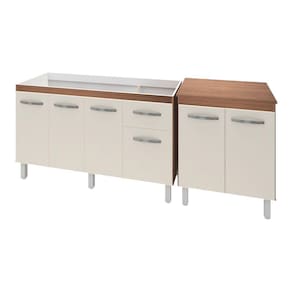 Armário Cozinha Gabinete Pia De 140 Cm Camile Com Balcão Multiuso MicroOndas Savana Frente OffWhite