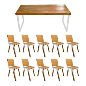 Conjunto Mesa Industrial Bernardo Madeira Maciça 2,50mx100cm C-ferragem Branca E 10 Cadeiras Detroit Marrom