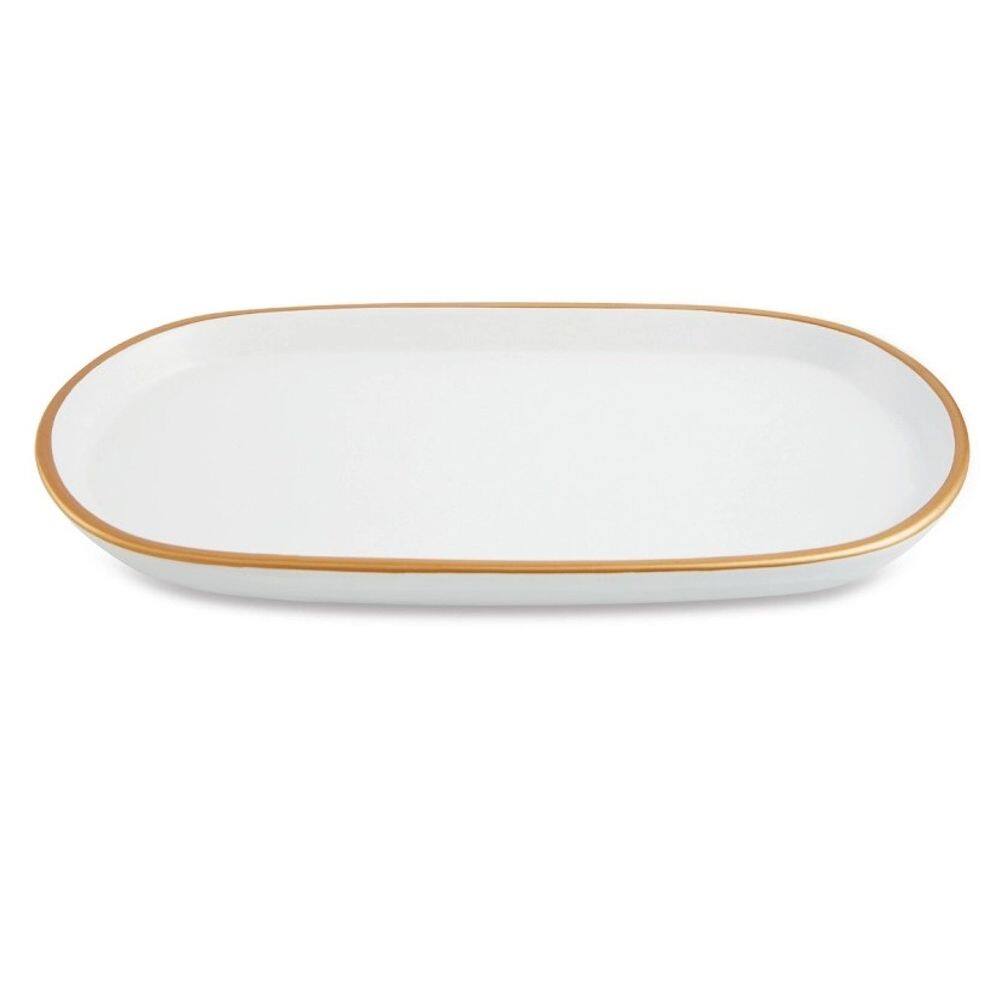Bandeja Em Ceramica Branca Com Borda Dourada 26,5Cm