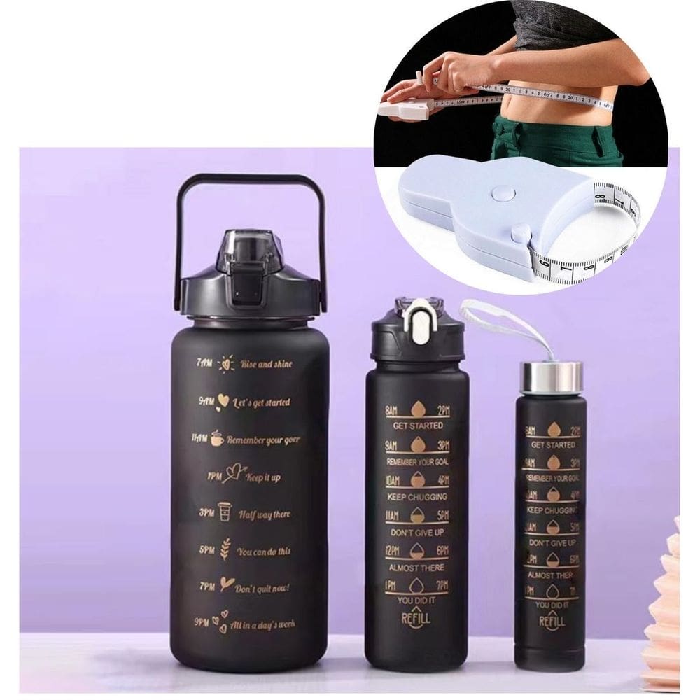 Kit Garrafa Motivacional Squeeze Cor Preto- 03 Peças + Fita Métrica Corporal