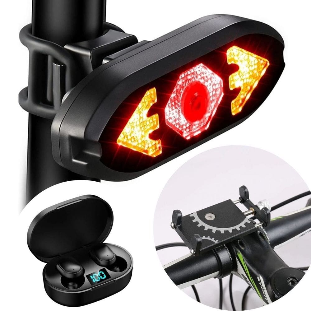 Lanterna Traseira Bike Com Seta e Controle Remoto + Suporte para Celular + Fone de Ouvido