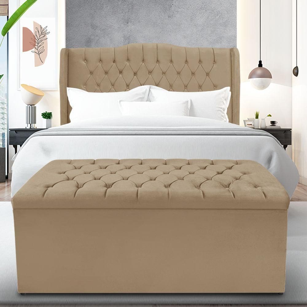 Kit Cabeceira E Calçadeira Baú Dubai Queen 160 Cm - Veludo Bege Escuro