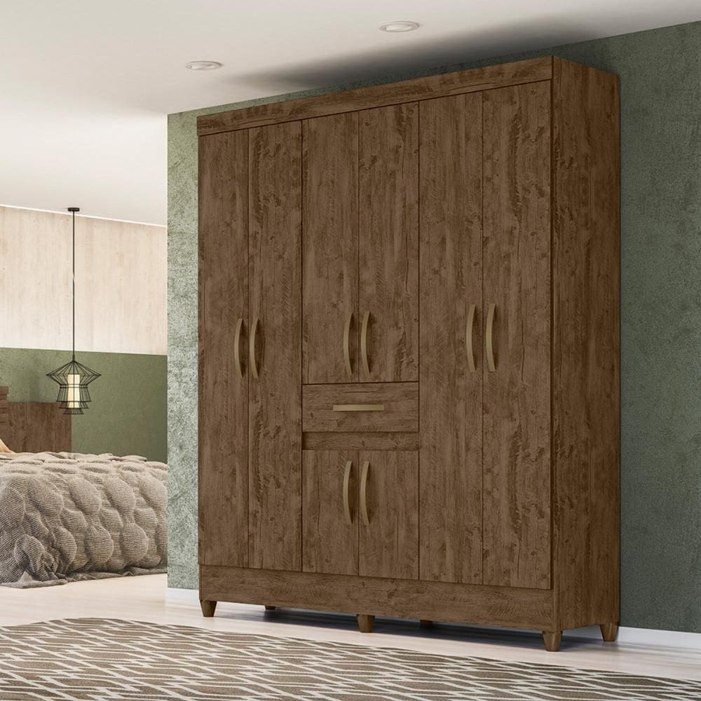 Guarda Roupa Casal 6 Portas 1 Gaveta Castanho Wood Portugal - Moval