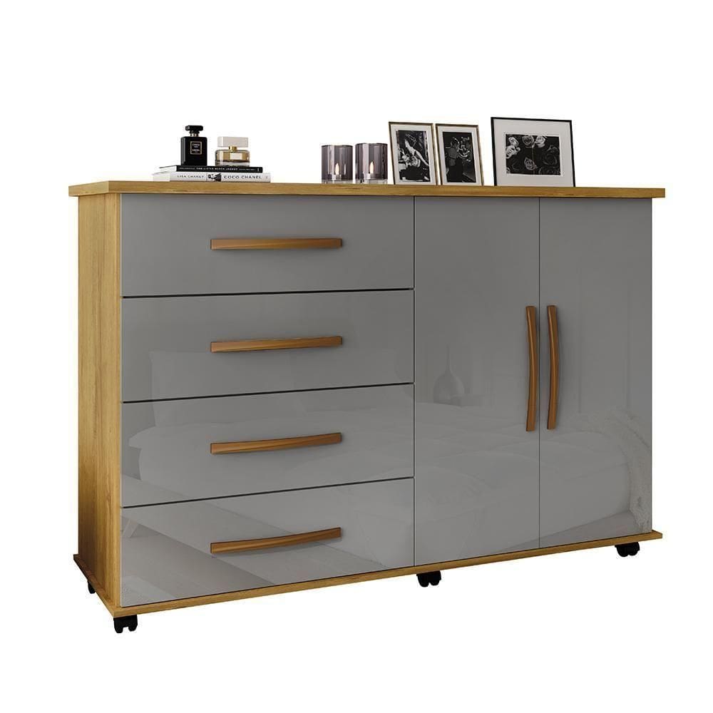 Cômoda Quarto Bali Com 4 Gavetas 2 Portas E Rodízios Cinza-mel Cinza-mel