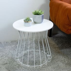 Mesa Lateral Decorativa Redonda Multiuso Com Estilo Industrial Em Aço Branco Fosco/Branco