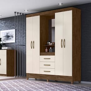 Guarda Roupa Casal 4 Portas Com Espelho 3 Gavetas Castanho Wood / Baunilha Capri - Moval