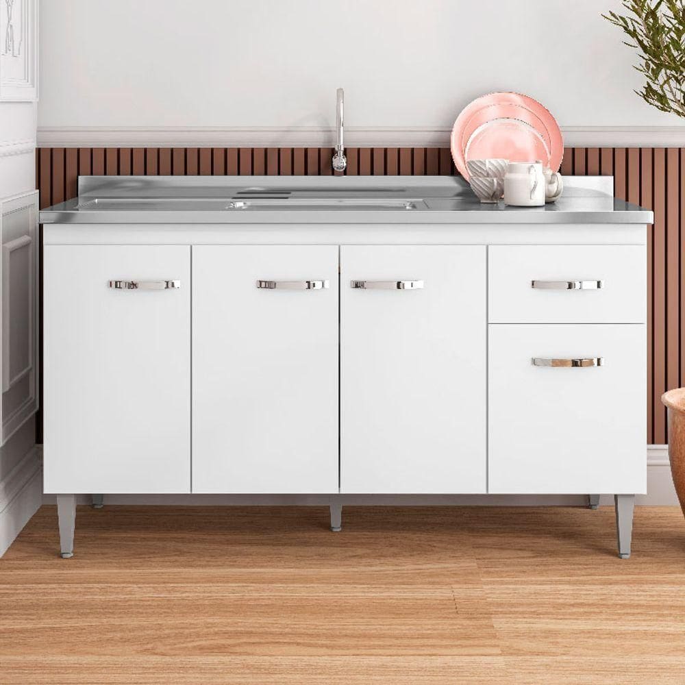 Balcão De Cozinha Para Pia Gabriela Flex 150cm 4 Portas 1 Gaveta Sem Tampo Branco - Ajl Móveis