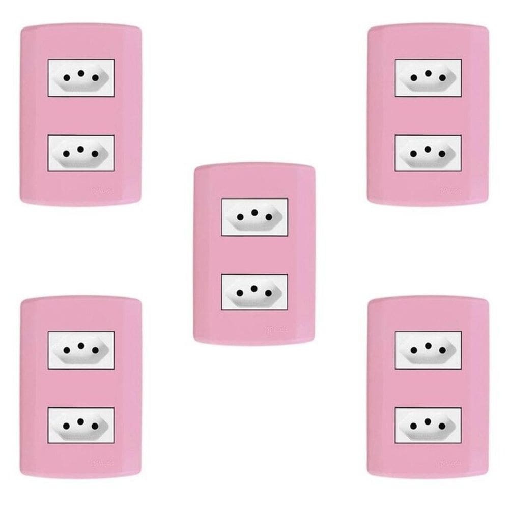 Cinco Conjuntos com 2 Tomadas 2p+t 20A 250v, Modular, com Placa 4x2 e Suporte Rosa e Branco