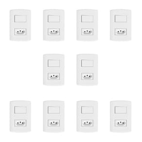 Conjunto de 10 Interruptores de 1 Tecla Simples e Tomada 2p+t 20A , Modular, com Placa 4x2 e Suporte Branco