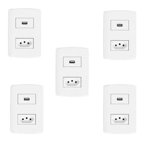 Conjunto com 5 Tomadas USB + 1 Tomada 2p+t 20A 250v, Modular, com Placa 4x2 e Suporte Branco