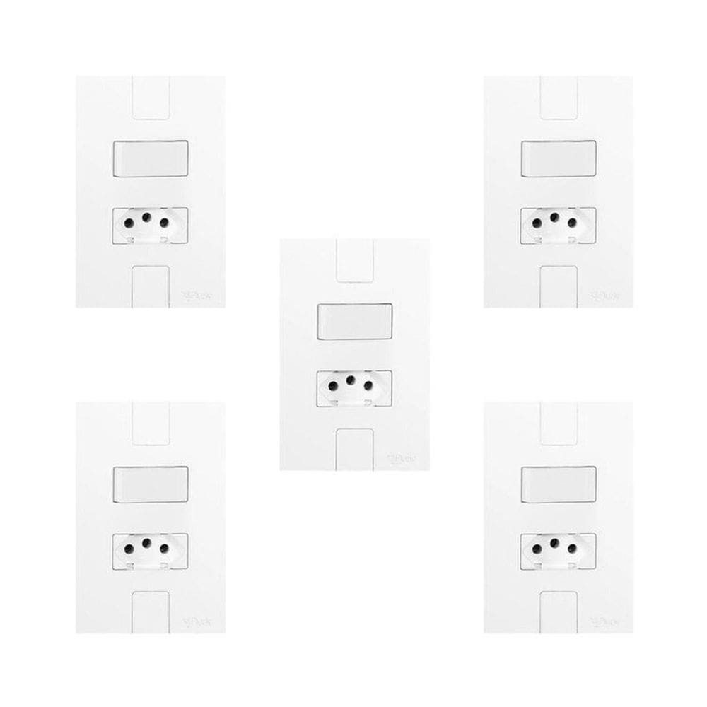 Conjunto de 5 Interruptores de 1 Tecla Simples e Tomada 2p+t 20A , Modular, com Placa 4x2 Branco