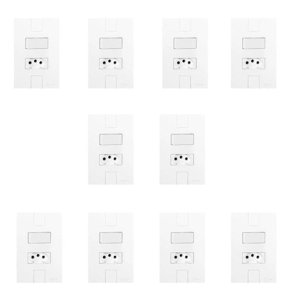 Conjunto de 10 Interruptores de 1 Tecla Simples e Tomada 2p+t 20A , Modular, com Placa 4x2 Branco