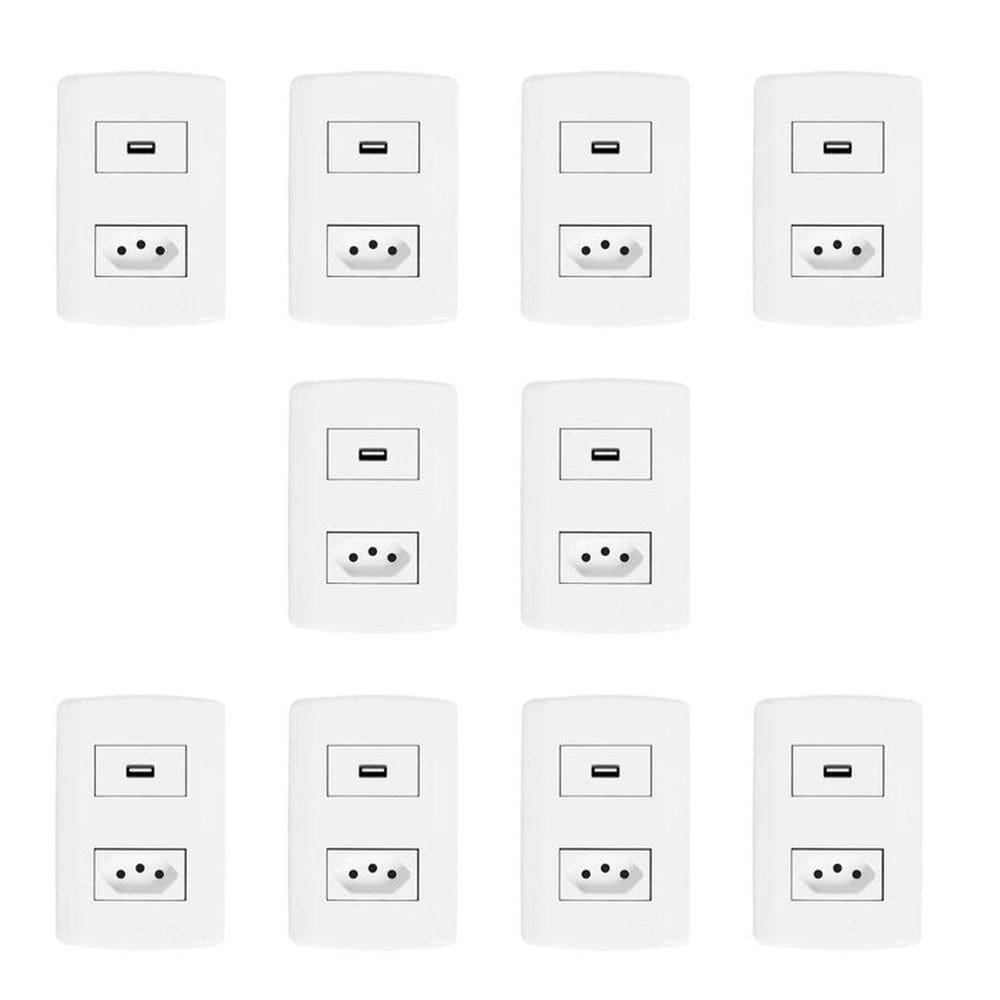Conjunto com 10 Tomadas USB + 1 Tomada 2p+t 20A 250v, Modular, com Placa 4x2 e Suporte Branco