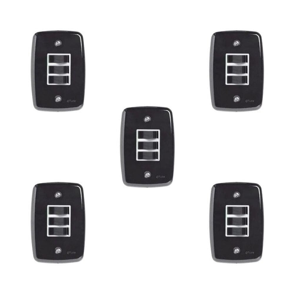 Conjunto de 5 Interruptores de 3 Teclas Simples com Placa 4x2 Preto