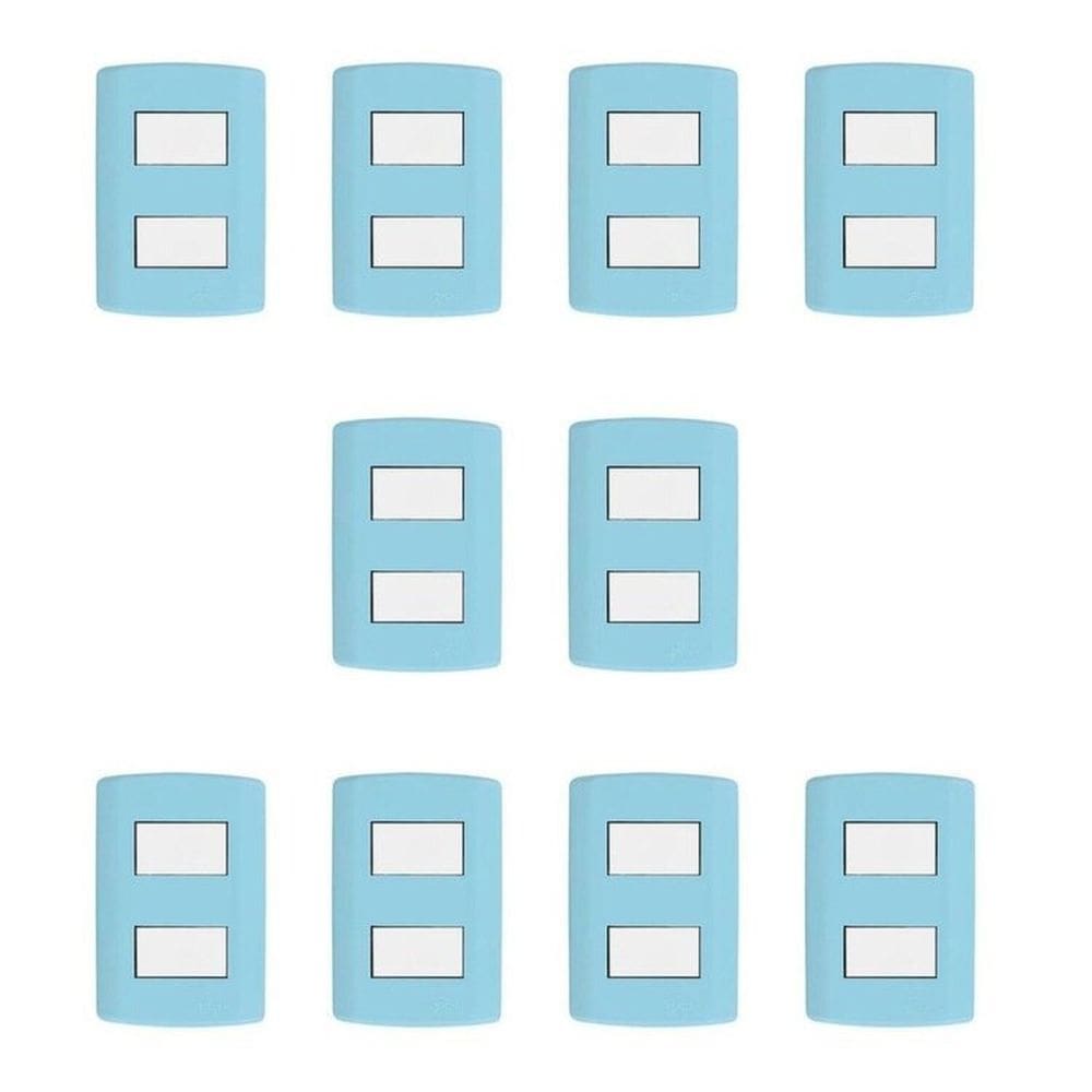 Conjunto de 10 Interruptores de 2 Teclas Simples, Modular, com Placa 4x2 e Suporte Azul/Branco