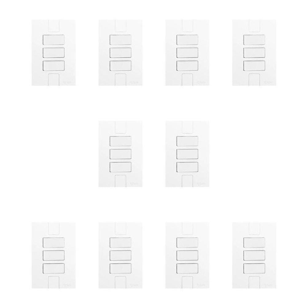 Conjunto de 10 Interruptores de 3 Teclas Simples com Placa 4x2 Branco