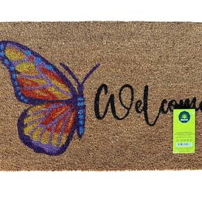 Capacho de Fibra de Coco Pvc Pintado Welcome Borboleta 40cm X 60cm Bege / Multicores