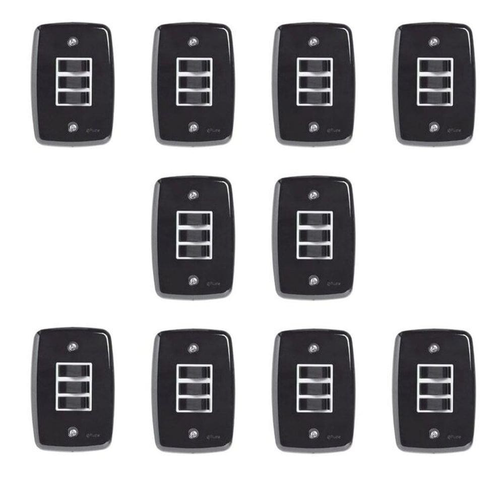 Conjunto de 10 Interruptores de 3 Teclas Simples com Placa 4x2 Preto