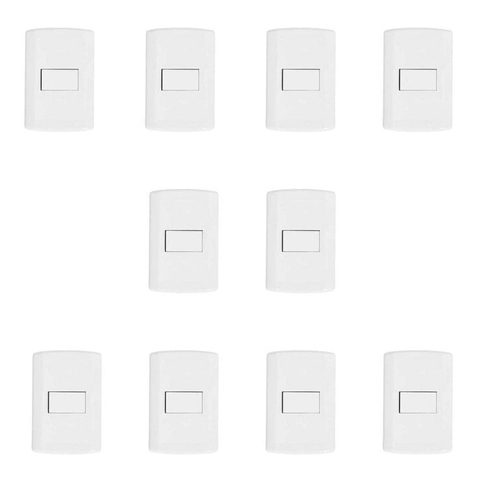 Conjunto de 10 Interruptores de 1 Tecla Simples, Modular, com Placa 4x2 e Suporte Branco
