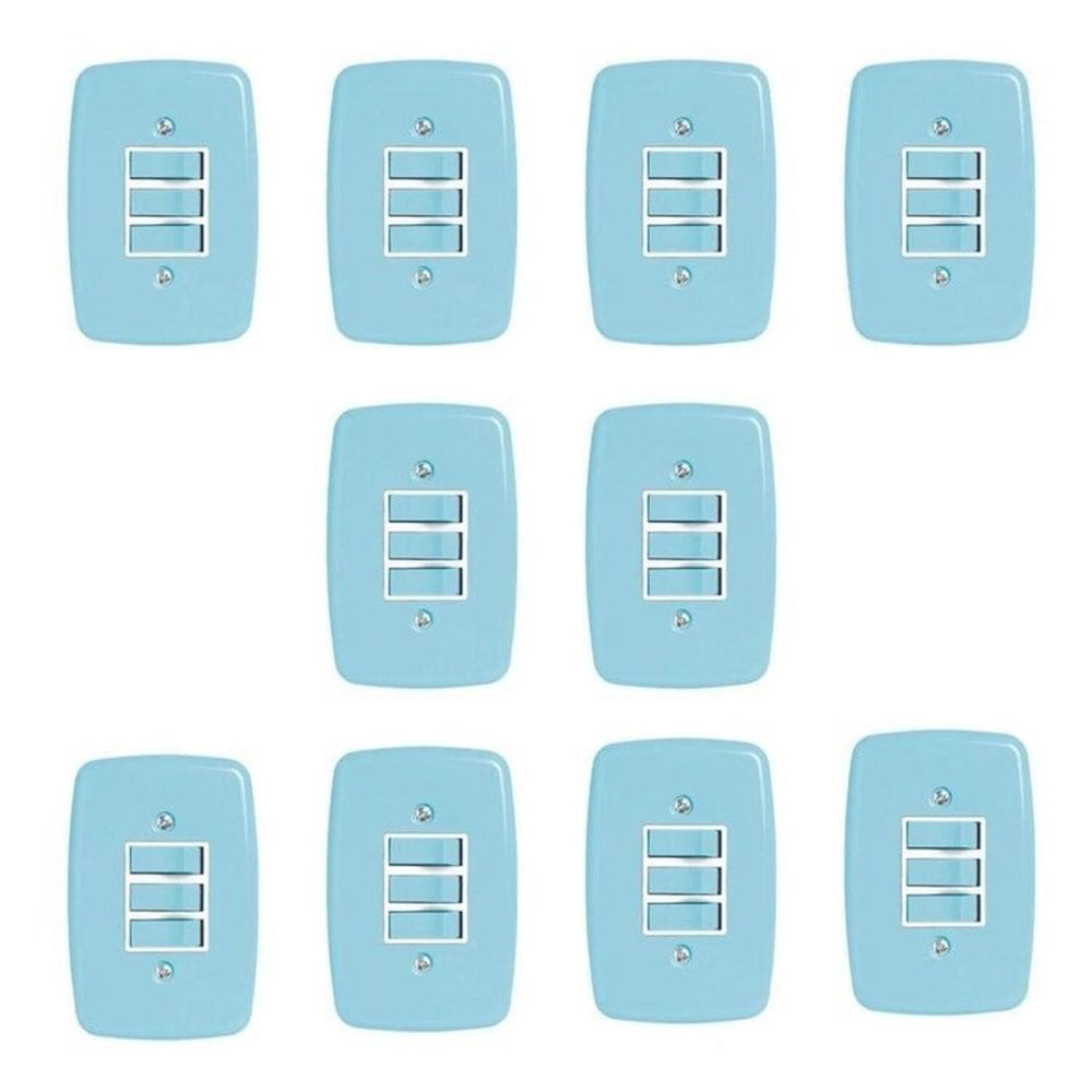 Conjunto de 10 Interruptores de 3 Teclas Simples com Placa 4x2 Azul