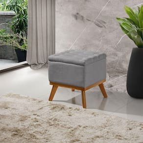 Puff Capitone Com Base Madeira D26 Soft Linho Sofatec Prata