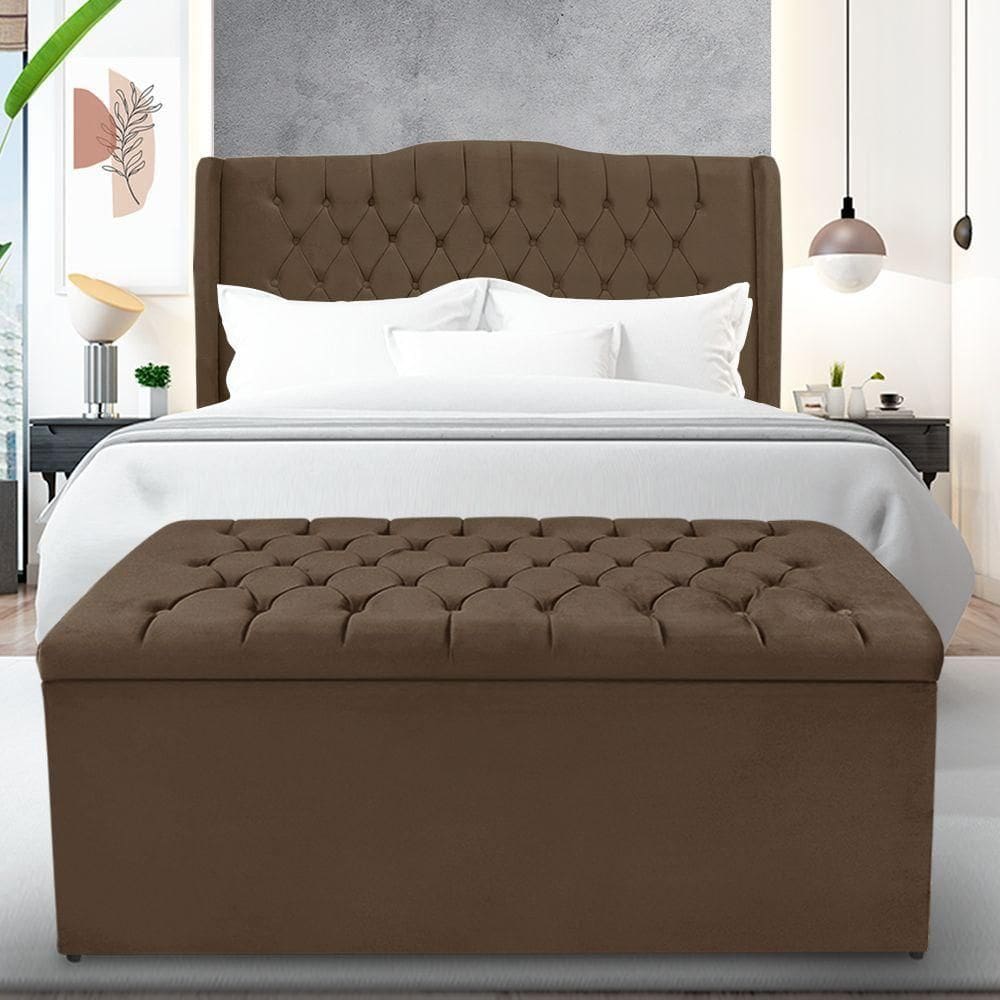 Kit Cabeceira E Calçadeira Baú Dubai Casal 140 Cm - Veludo Marrom