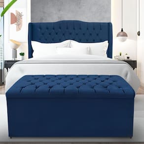 Kit Cabeceira E Calçadeira Baú Dubai Casal 140 Cm - Veludo Azul