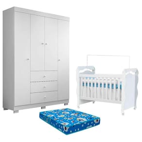 Berço Americano New Nanda e Guarda Roupa Duda 4 Portas Branco Brilho com Colchão Ortobom - Phoenix Baby