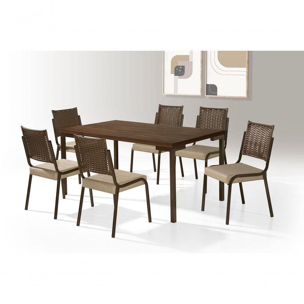 Conjunto Mesa Tubo Chocolate Inovare 1,60x0,90 Com 6 Cadeiras Tampo Mdp